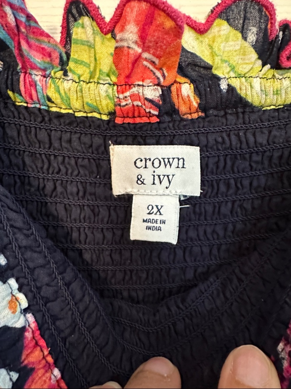 crown & ivy Navy Floral Smocked Sundress with Multicolor Trim - Picture 2 of 3